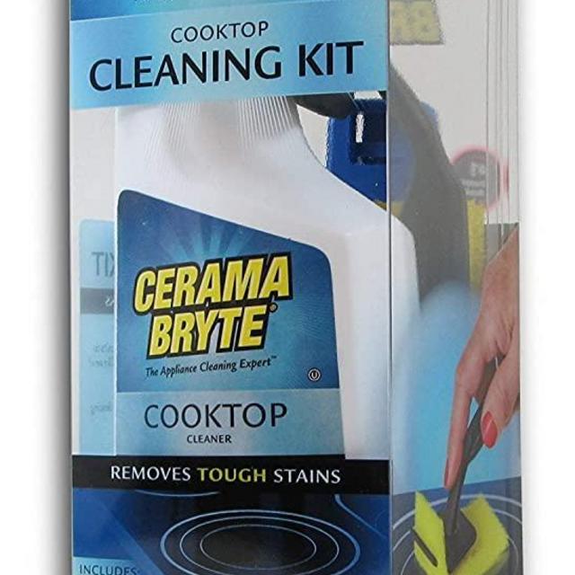 Cerama Bryte - Cooktop Cleaning Kit - Includes 10 oz. Bottle of Cerama Bryte Cooktop Cleaner, 2 Cleaning Pads, 1 POW-R Grip Pad Tool and 1 Scraper packed in Reusable Container, White (SYNCHKG114607)
