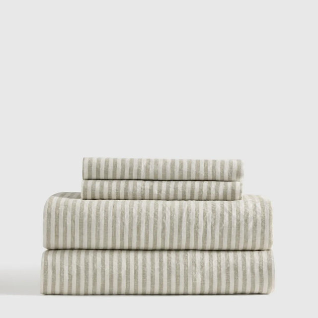 European Linen Sheet Set - Pattern: Willowleaf/White Stripe King