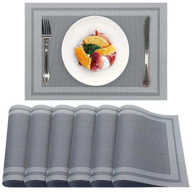 Grey Placemats Set of 6, Heat Resistant Washable PVC Table Mats, Woven Vinyl Plastic Placemats Easy Wipe Clean Non-Slip Stain Resistant Indoor Kitchen Table -Tilasickel