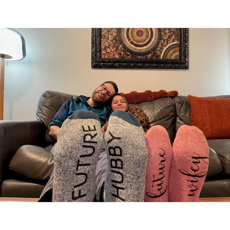 Us, in our home. Thanks for the socks Mary :)