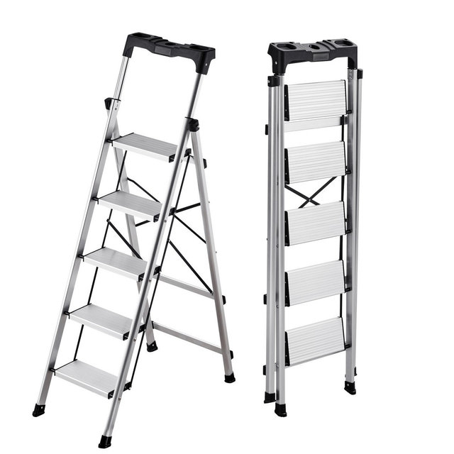 VEVOR 5 Step Ladder, Folding Step Stool with Wide Anti-Slip Pedal and Comfort Handgrip, 330 lbs Capacity Portable Aluminum Stepladder, Silver