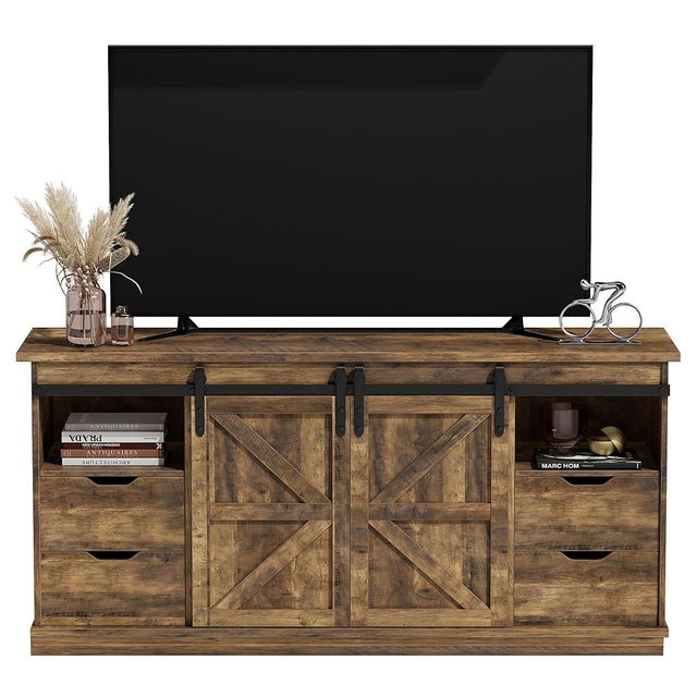 JUMMICO TV Stand with 4 Drawers for 65 Inch TV, Entertainment Center with Storage Cabinets and Sliding Barn Doors, Mid Century Modern Media TV Console Table for Living Room Bedroom (Brown)