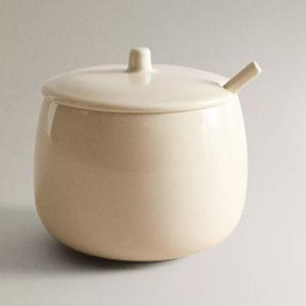 PLAIN STONEWARE SUGAR BOWL WITH SPOON
