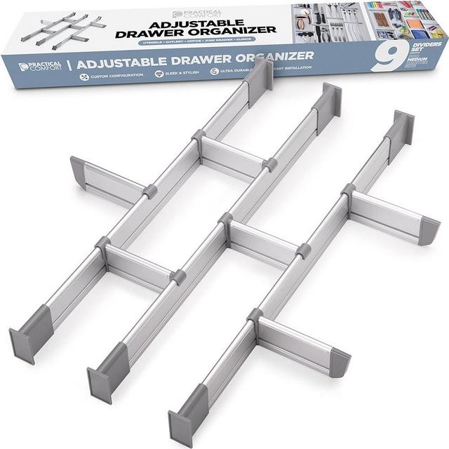 Practical Comfort Aluminum Drawer Organizer for Kitchen Utensils Silverware Flatware 9 Dividers Set | LONG | UPGRADED VERSION