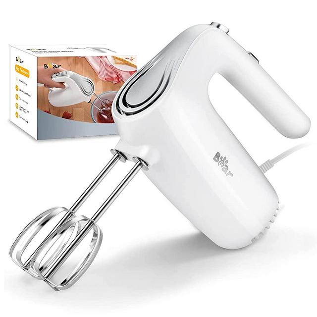 Bear Hand Mixer Electric, 5-Speed 125W Electric Hand Mixer with Easy Eject Button, 2 Stainless Steel Attachments, Small Kitchen Handheld Mixer for Baking Cake Egg Cream, White