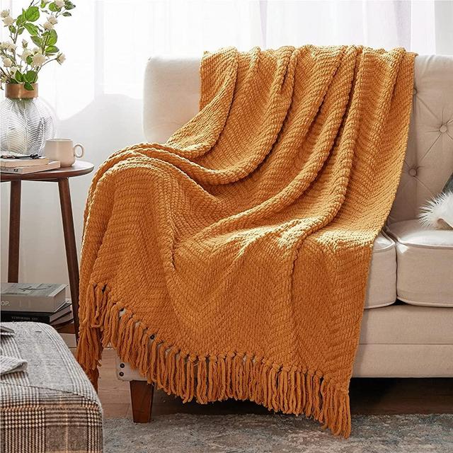 Bedsure Throw Blanket for Couch - Orange Knit Woven Chenille Blanket for Chair, 50 x 60 Inch Super Soft Warm Decorative Blanket with Tassels for Bed, Sofa and Living Room
