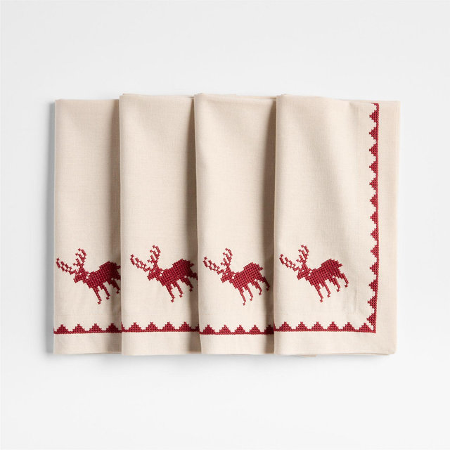 Red Cross Stitch Reindeer Dinner Napkins, Set of 4