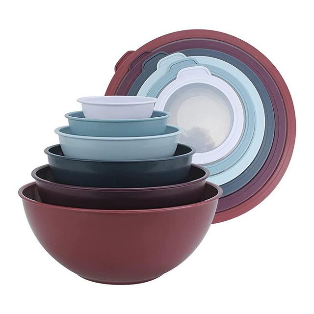 COOK WITH COLOR Mixing Bowls with TPR Lids - 12 Piece Plastic Nesting Bowls Set includes 6 Prep Bowls and 6 Lids, Microwave Safe Mixing Bowl Set (Multicolored Set with Large Blush Bowl)