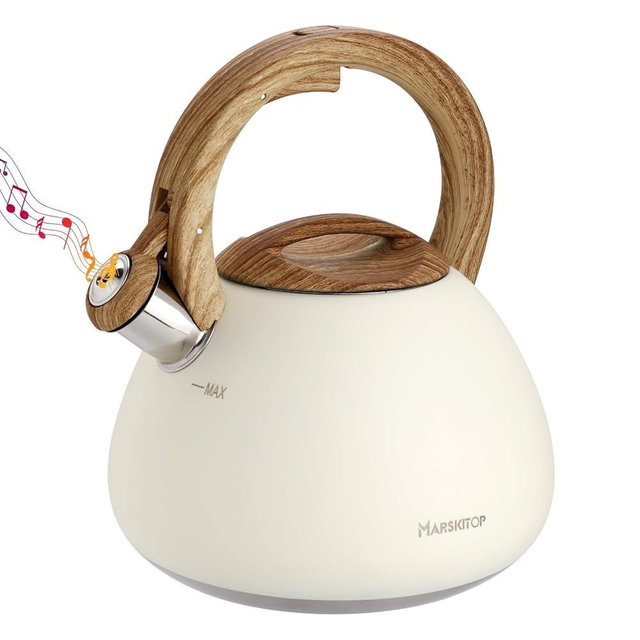 MARSKITOP Tea Kettle, 2.6 Quart Tea Pot for Stove, Food Grade Stainless Steel Whistling Teapot for Stovetop with Anti-Hot Handle, Suitable for All Heat Sources, Cream White
