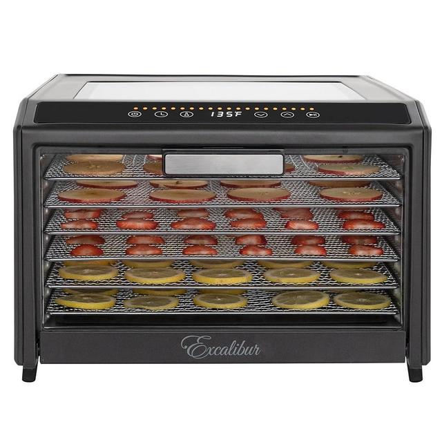 Excalibur Electric Food Dehydrator Performance Series 6-Tray with Adjustable Temperature Control Includes Stainless Steel Drying Trays Glass Door Top View Window and LED Display Progress Bar, Black