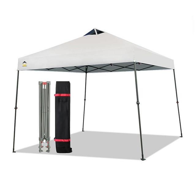 CROWN SHADES 9'x9' Pop Up Canopy with 11x11 Base Patented One Push Canopy Tent Outdoor Shade Bonus Wheeled Bag, 8 Stakes, and 4 Ropes, White