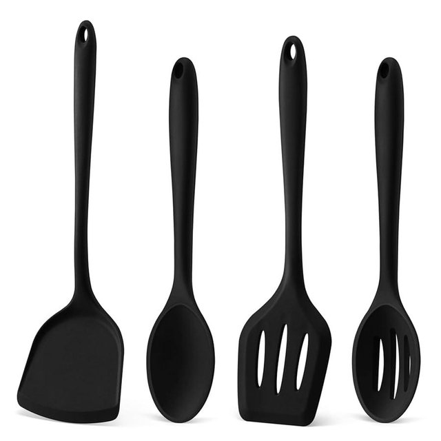 P&P CHEF Kitchen Utensil Set, 4 Pieces Non-stick Silicone Cooking Utensils, Heat-resistant Slotted Solid Spoon Turner for Frying, Mixing, Serving, Non-toxic & Easy to Clean, Black