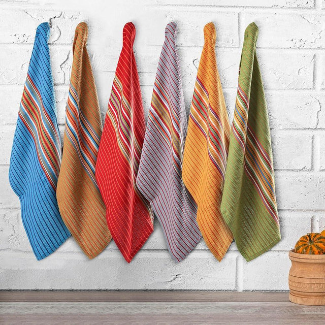 Vintage Vista 100% Cotton Tea Towels for Kitchen (Pack of 6) - Kitchen Towel Set - Absorbent Tea Towels for Baking, Drying & Cleaning - 28" x 18" (Multicolor Stripes)