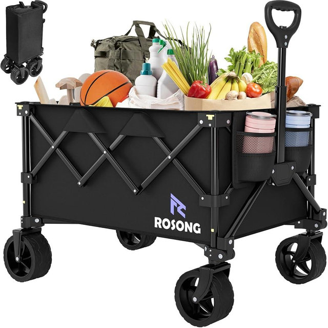 Folding Wagon Cart with Wheels Foldable - Collapsible Wagons Carts Heavy Duty, Fold Up Portable Utility Wagon for Grocery Beach Sports Fishing Camping Shopping ROSONG