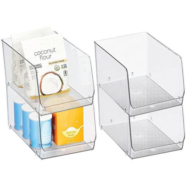 mDesign Stackable Plastic Food Storage Organizer Bin Basket with Open Front for Household Kitchen Cabinets, Pantry, Offices, Closets, Bedrooms, Bathrooms - 7.7" Wide, 4 Pack - Clear
