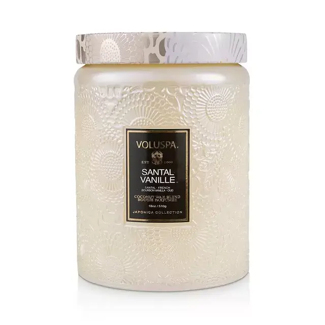 Santal Vanille Large Embossed Glass Candle with Lid