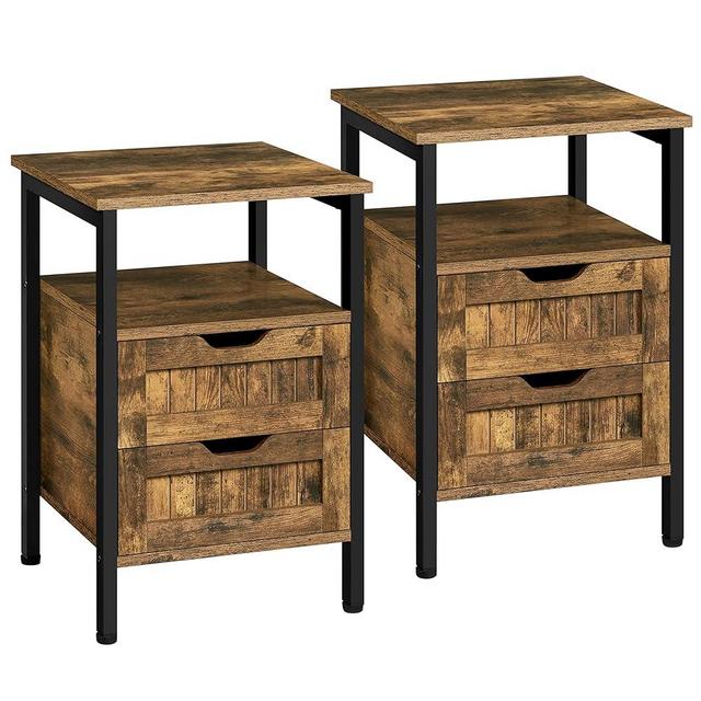 Topeakmart Nightstand Set of 2, Wood Bedside Table with 2 Drawers and Open Shelf, Bedside Storage Cabinet Unit End Table with Steel Frame for Living Room/Bedroom, Rustic Brown
