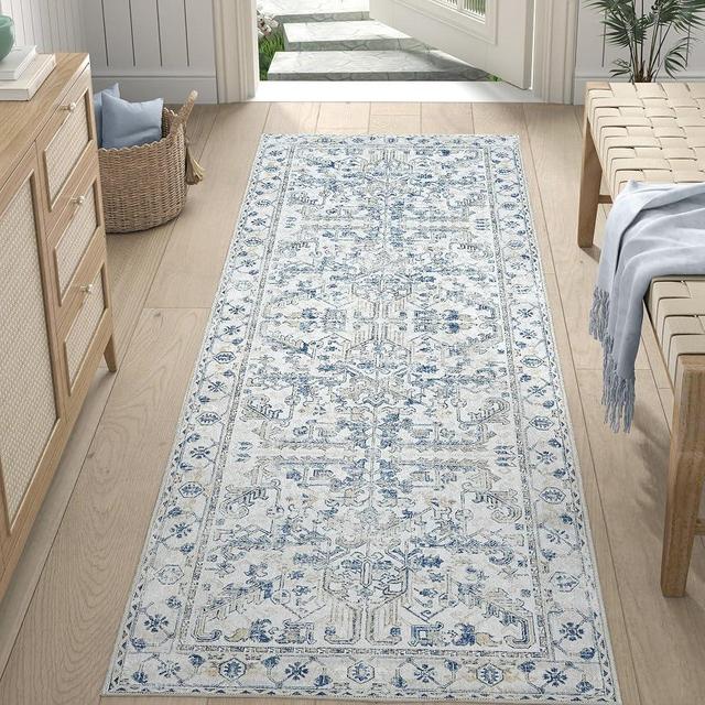 jinchan Runner Rug 2x5 Washable Hallway Runner - Vintage Floral Non Slip Low-Pile Soft Ultra-Thin Kitchen Rug Distressed Carpet for Farmhouse Bedroom Entryway Laundry Room (2x5ft,Blue)