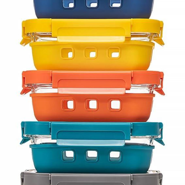GC GENICOOK Glass Food storage container with Glass lids Glass Bento Box Set Lunch box Eco Friendly Meal Prep Containers Airtight – Plastic Free, silicon sleeve BPA Free 4.4cup/ 5 * 1050ml