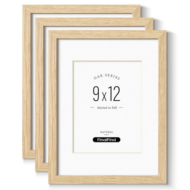 FinalFind 9x12 Frame with Mat for 6x8 Set of 3, Natural Solid Oak Wood Picture Frames 9x12 with Tempered Glass for Wall Mounting(3 Pack,Oak)