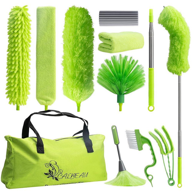 CALBEAU 13Foot Dusters for Cleaning, Duster with Extension Pole for Cleaning High Ceiling Fan, High Window, Sofa, Cobweb Duster for High Corner, 11 PCS Microfiber Duster Kit with Storage Bag