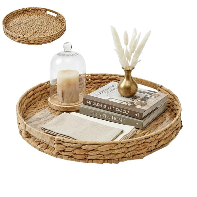16 Inch Round Water Hyacinth Tray with Removable Clear Acrylic Insert - Handwoven Large Wicker Decorative Tray for Coffee Table, Ottoman, Farmhouse Table Decor, Easy to Clean Serving Tray
