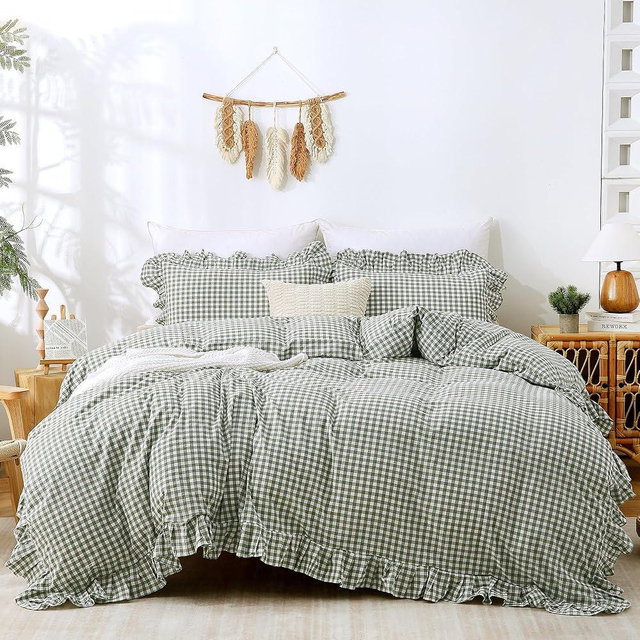 ATsense Green Gingham Duvet Cover Bedding Set 100% Washed Cotton Like Linen Feel Soft Breathable 3 Pcs Plaid Checkered Cute Ruffle Comforter Cover Set (Queen 90"x90", No Comforter)