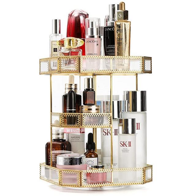 ZOOFOX Makeup Organizer, 360 Degree Rotating Cosmetic Stand, 3-Layer Glass Vanity Organizer Clear Makeup Carousel for Cosmetics, Brushes, Lotion, Nail Lipstick