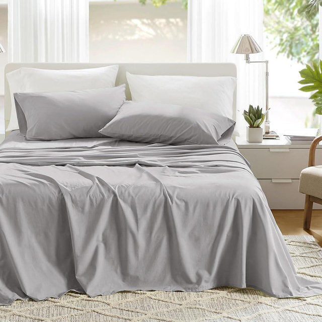 Comfort Spaces 100% Cotton Sheet Set Breathable, Lightweight, Soft with 14" Elastic Pocket Fits up to 16" Mattress, All Season Cozy Bedding, Matching Pillow Case, Cal King Grey 4 Piece