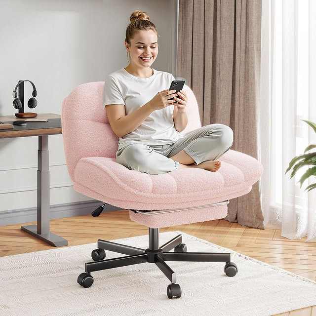 DurayLoly Cross Legged Office Chair with Foot Rest, 6.3" Thick Cushioned Criss Cross Chair with Wheels, Height Adjustable Swivel Vanity Chair for All-Day Comfort (Pink)