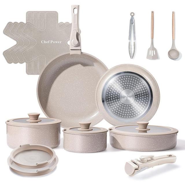 Chef Power Ceramic Nonstick Pots and Pans Set 19 Piece with Detachable Handle, Induction Dishwasher Oven Safe Cookware Set, RV Kicthen Set Removable Handle, Mocca Taupe