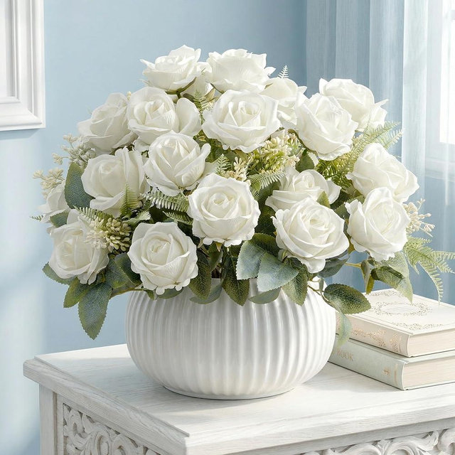 Fake Roses White Roses Artificial Roses Fake Rose Silk Roses Artificial Roses with Stems 24 Full Flower Heads Faux Roses for Indoor Centerpieces home Wedding Farmhouse Decoration No Vase (4PCS,White)