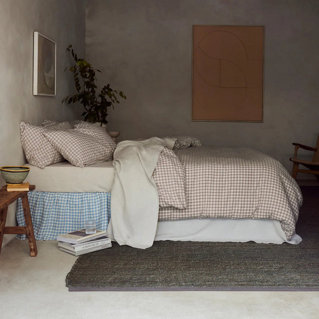 Mushroom Gingham 100% Linen Duvet Cover, King Size