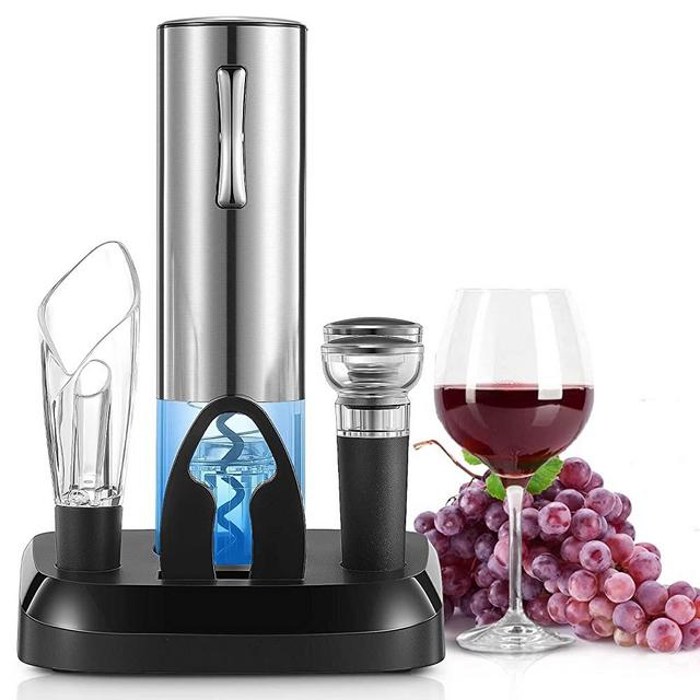 Wine Bottle Opener with ABS Charging Base, Electric Wine Opener Set 6 PCS, NI-MH 3.6V600Mah Type Large Capacity Battery, 2 Vacuum Preservation Stoppers, Foil Cutter, Wine Pourer, Adaptor