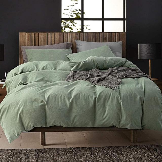 ECOCOTT Green Duvet Cover Queen Size, 3 Piece 100% Washed Cotton 1 Duvet Cover with Zipper and 2 Pillowcases, Ultra Soft and Easy Care Breathable Cozy Bedding Set(Sage Green, Queen)