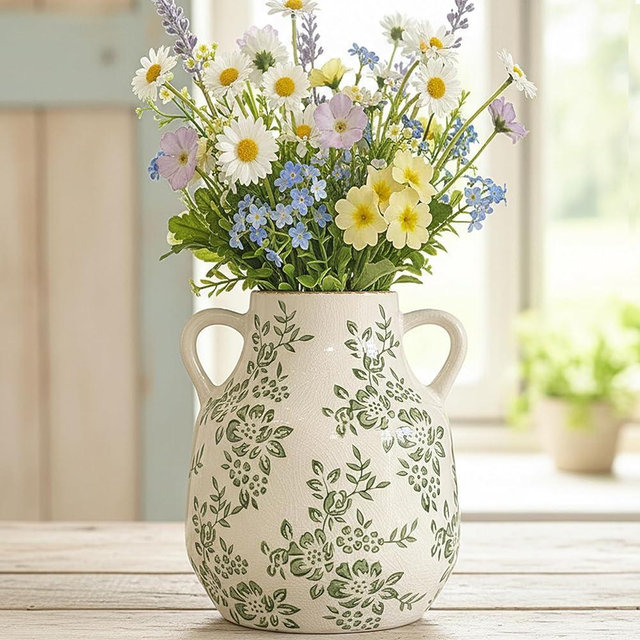 Ceramic Vase Vintage Flower Vase, Chinoiserie Green Floral Decorative Vase, Rustic Retro Large Farmhouse Crackle Finish Vases with Handle for Flowers Home Decor Living Room Centerpiece, Green-02, 8.1”