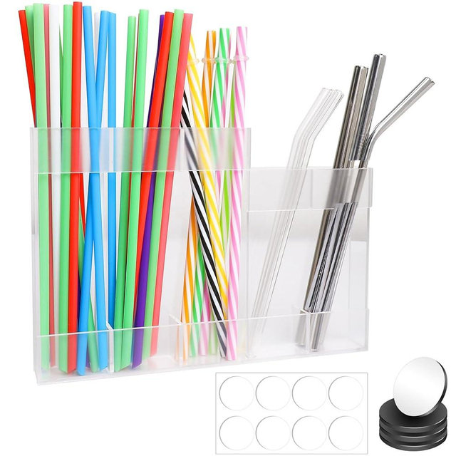 Acrylic Straw Holder,Reusable Straw Organizer with Double Sided Adhesive,Dispenser Storage for Fridge Kitchen Door Cabinet & Countertop, Compatible with Long & Short Straws (Transparent)