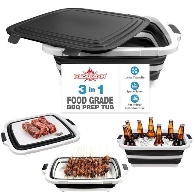 XUDAKAIXIN Collapsible BBQ Prep Tub for Meal Prep, Marinating, and Food Storage - Includes Cutting Board and Locking Lid,Ideal Gifts for Christmas,Dad,mother (X-Large) Black