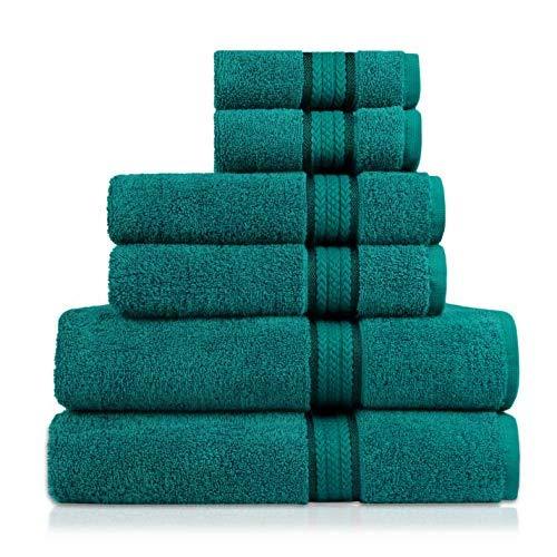 COTTON CRAFT Ultra Soft 6 Piece Towel Set Teal, Luxurious 100% Ringspun Cotton, Heavy Weight & Absorbent, Rayon Trim - 2 Oversized Large Bath Towels 30x54, 2 Hand Towels 16x28, 2 Wash Cloths 12x12