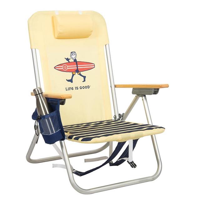 Life is Good 4-Position Backpack Aluminum Beach Chair with Pillow and Cup Holder, Yellow and Navy Blue