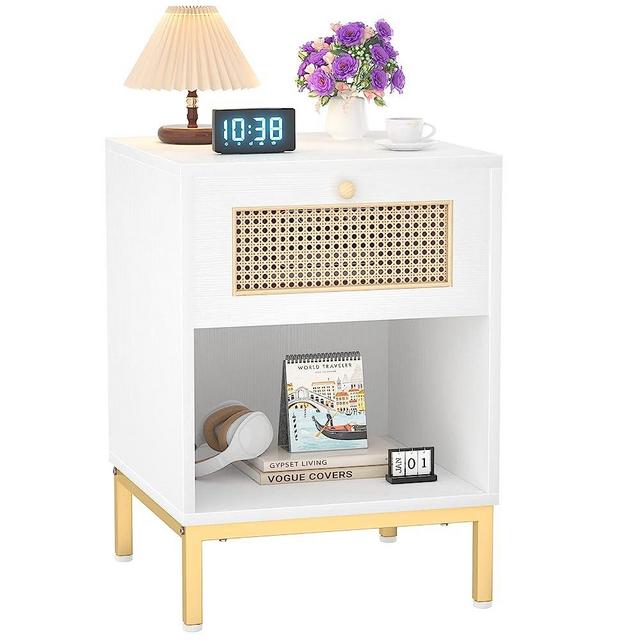 Ecoprsio Rattan Nightstand Bedside Tables, Mid Century Modern Nightstand with Drawer, Bed Side Table Night Stands for Bedrooms, Wood Boho Nightstand End Table Side Tables Bedroom - White