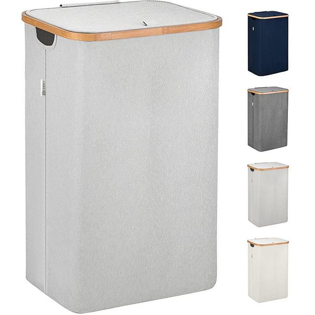 Lonbet - Light Grey Laundry Baskets with Lid - XL 100 L - Large Laundry Hamper for Laundry with Handles - Hampers Baskets with Lid for Bedrooms - Bamboo Bathroom Tall Laundry Bin
