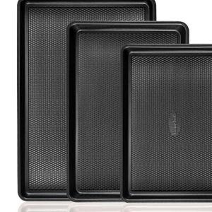 Cookie Sheets for Baking Nonstick - HONGBAKE Baking Sheet Pan Set of 3, Half/Quarter/Jelly Roll Pan for Oven with Diamond Texture Pattern, 57% Thicker Carbon Steel Cookie Trays, Dark Grey