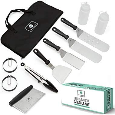 JORDIGAMO Professional Stainless Steel Griddle Cooking Kit - Grill Spatula Tongs Egg Ring Flipper Scraper Carrying Bag - Camping Tailgating Outdoor BBQ - Grilling Hibachi Accessories - Metal Tool Set