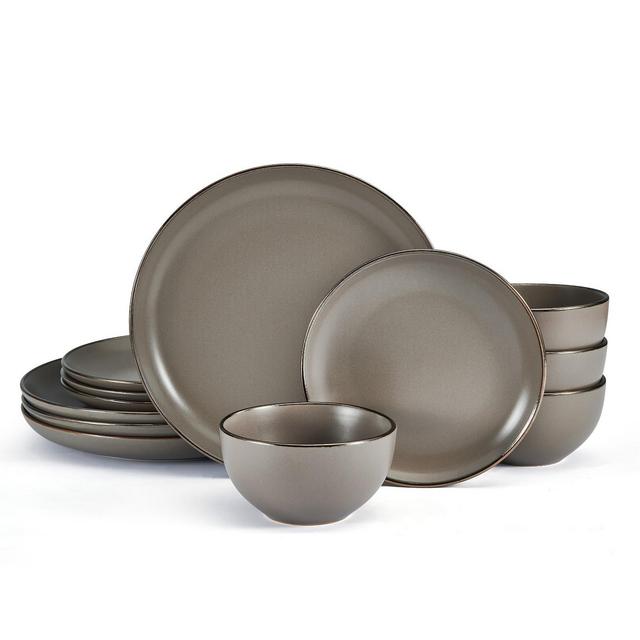 Pfaltzgraff Hadlee 12-Piece Dinnerware Set, Service for 4, Round Kitchen Plates and Bowls, Dishwasher and Microwave Safe, Gray