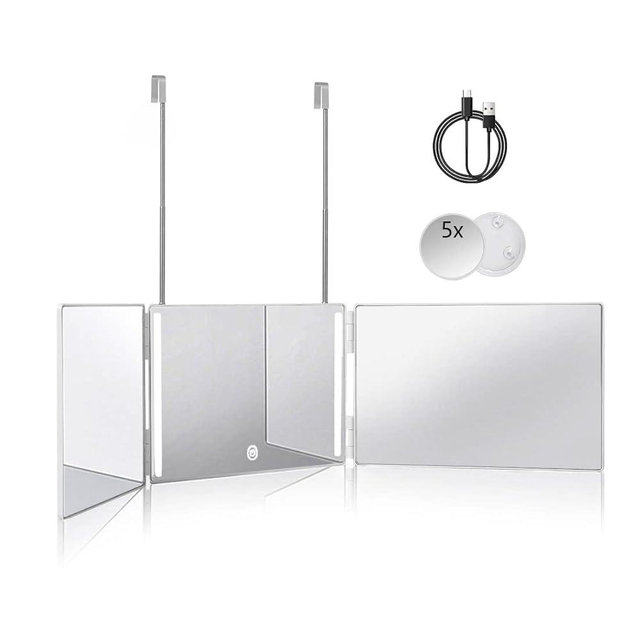HIEEY 3 Way Mirror for Hair Cutting with LED,360 Trifold Mirror with Height Adjustable Telescoping Hooks,and 5X Magnification Mirror,for Makeup, Hair Styling (White)
