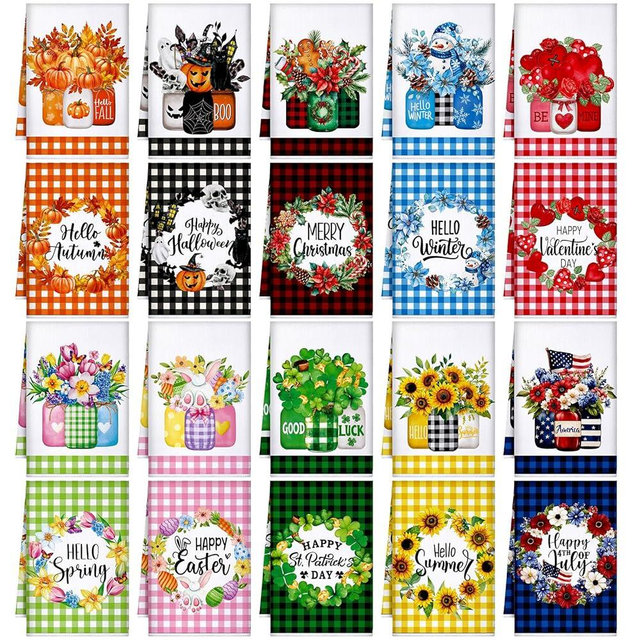 FuWeave 20 Pcs Holiday Kitchen Towels Seasonal Decorative Hand Towels Set Christmas Dish Cloths Winter Valentine's Day 16 x 24 Colorful Wash Cloths with Hanging Loop(Bouquet)