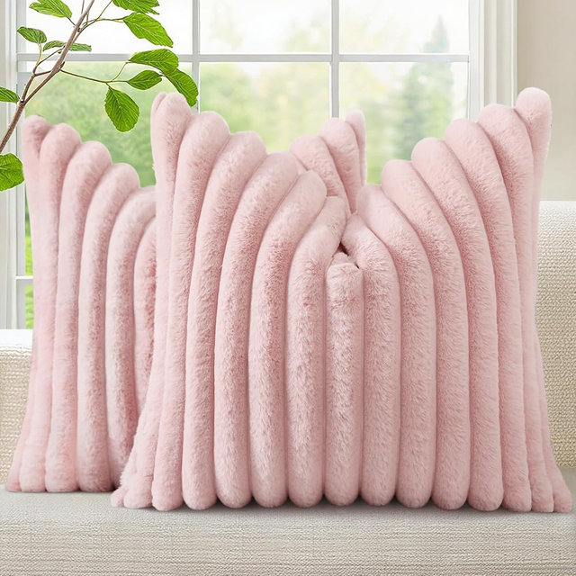 decorUhome Summer Cozy Faux Fur Throw Pillow Covers 22x22 Set of 2 Decorative Soft Plush Striped Modern Farmhouse Boho Couch Euro Sham Pillow Cases with Velvet Back for Sofa Bed Living Room, Pink