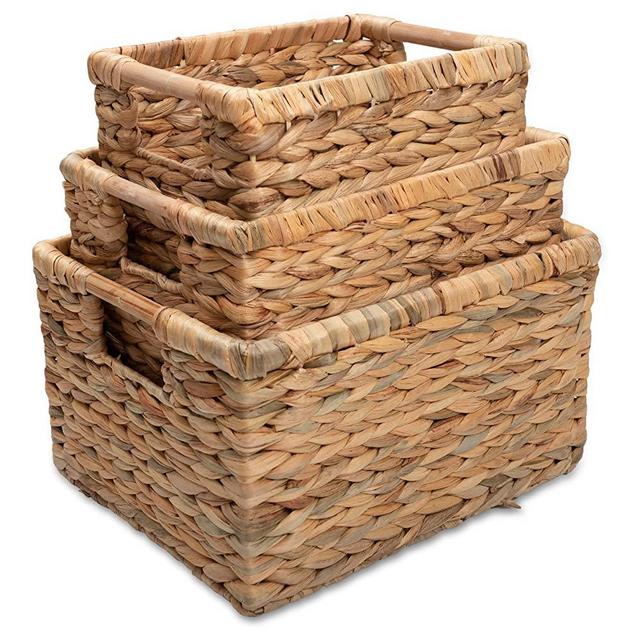 Wicker Baskets for Storage Organizing, Water Hyacinth Storage Baskets Rectangular with Wooden Handles for Shelves, Natural Wicker Storage Basket Bins - Set of Wicker Baskets for Home Organization