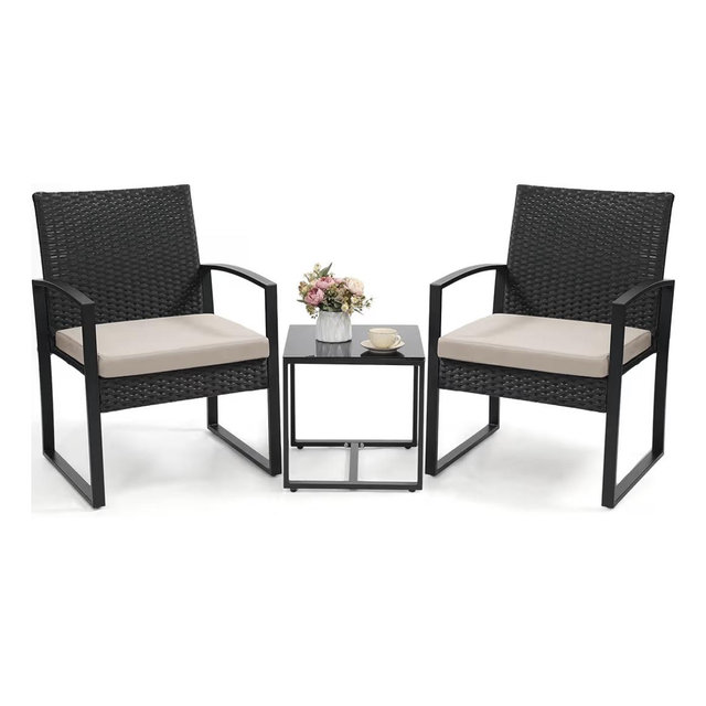 3 Piece Wicker Patio Bistro Set, Rattan Conversation Set with Coffee Table, for Balcony, Porch, Garden, Yard, Poolside, Black Frame with Beige Cushion